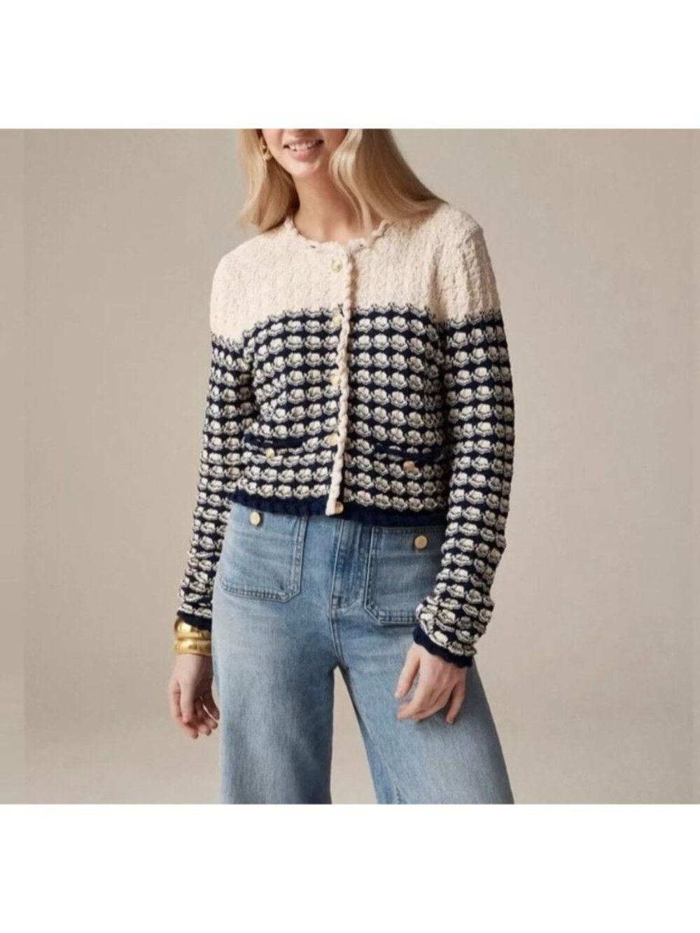 J.Crew Womens XXS Textured Crochet Lady Jacket Cardigan Sweater Blue Beige NWT